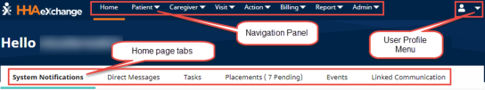 The Navigation Panel, Home page tabs, and User Profile menu display at the top region of the landing page.